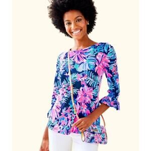 Lilly Pulitzer Waverly Ruffle Top Size Small Multi Garden Get Away Navy Pink